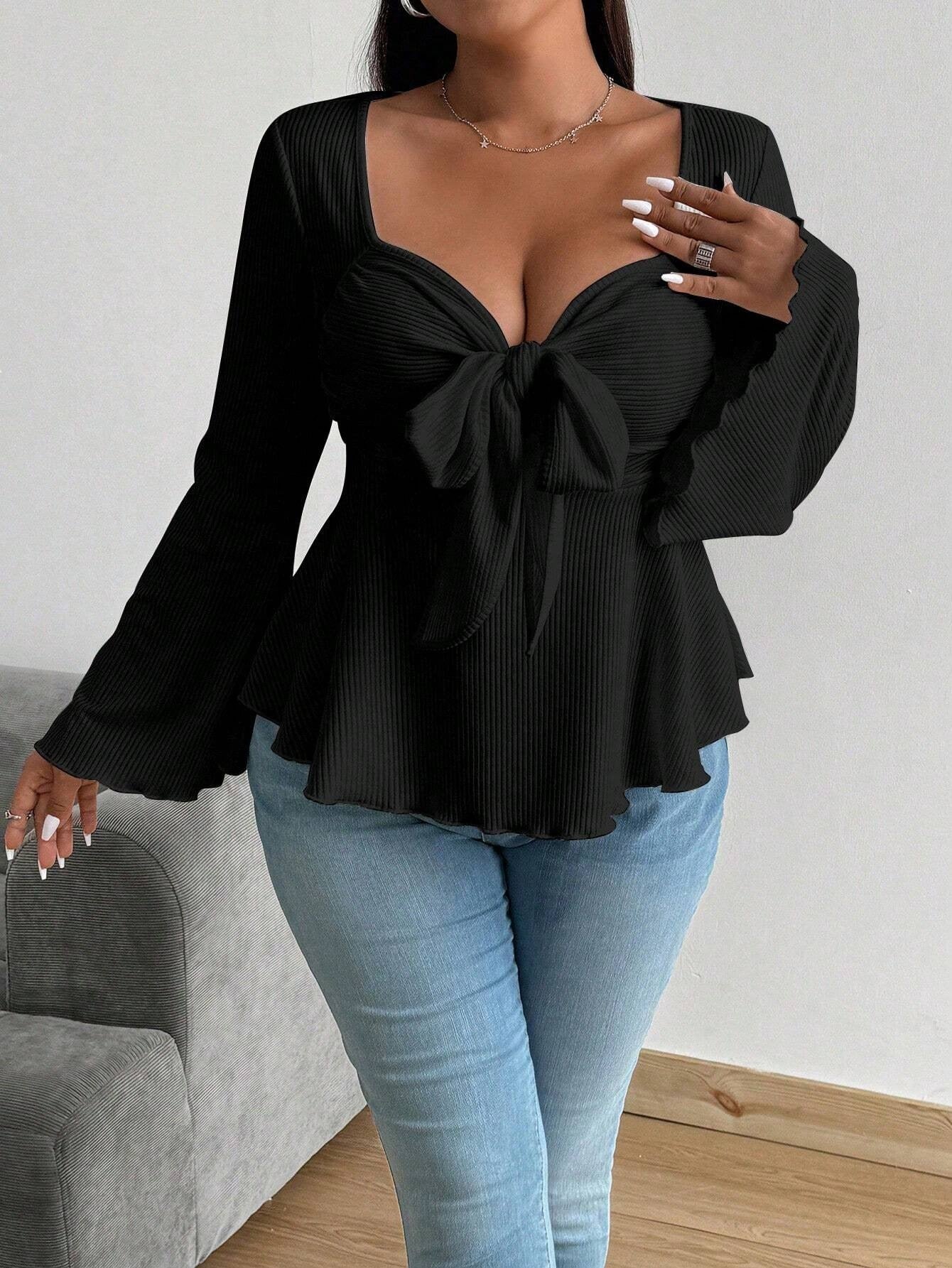 Plus Size Women Sexy Adult Lady like Woman V neck T shirt Autumn Winter Bell Sleeve Waist Controlled Long Sleeves Top