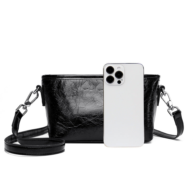 Leather Bag Simple Crack Messenger Bag Special Interest Shoulder Bag Large Capacity Bucket Bag Women - GLAMWEARS