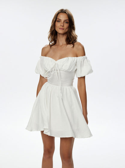 Off Shoulder Short Sleeve Dress Summer Lace up Cinched Short Dress Puff Sleeve Dress