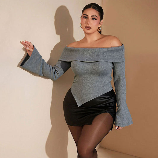 Sexy off Neck T shirt plus Size Women Autumn Winter Slim Fit Slimming Long Sleeves Bottoming Top