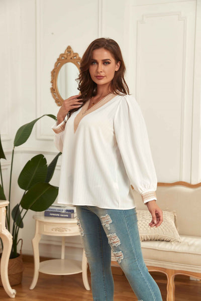 Plus Size Women Clothes Top Best-Selling V-neck Loose Long Sleeve Shirt
