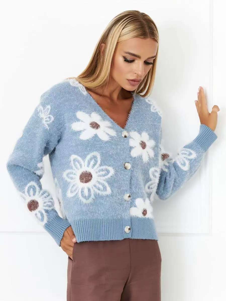 Short Floral Knitted Cardigan Autumn V neck Mink Velvet Brocade Sweater Women