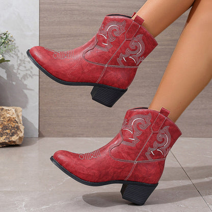 Pointed Embroidered Solid Color Chunky Heel Leather Boots Women Short Solid Color Slip on Knight Martin Boots