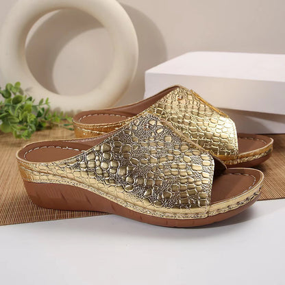 Thick Bottom Peep Toe Slippers Women Stone Pattern Wedge Beach Slippers