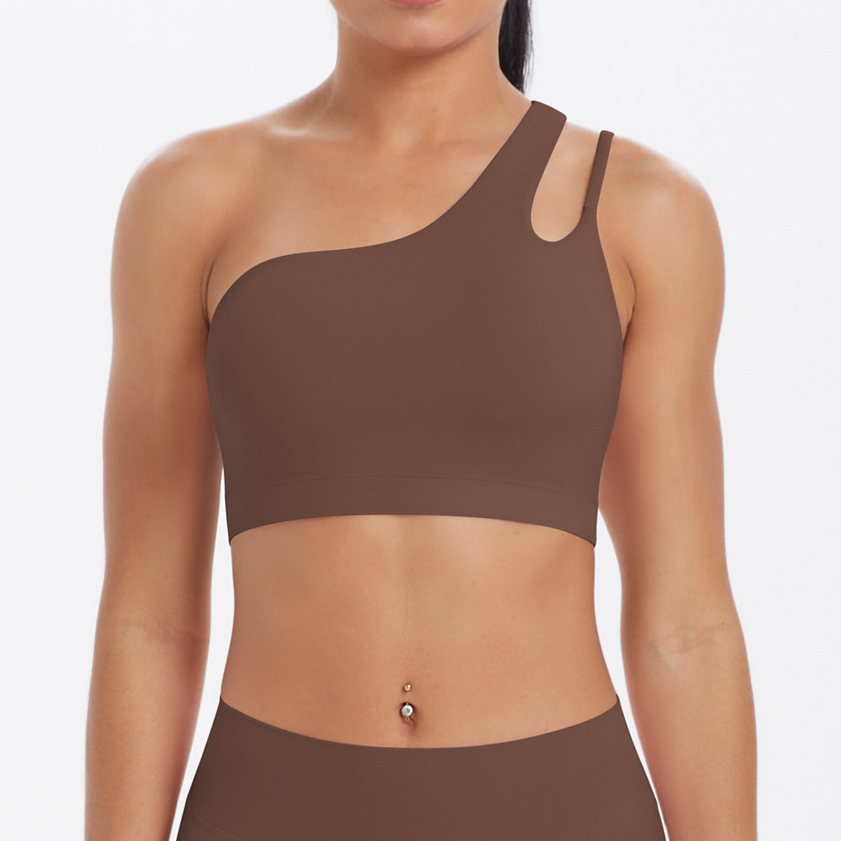 Solid Color One Shoulder Beauty Back Yoga Bra Nude Feel Push up Sports Bra Irregular Asymmetric Shoulder Strap Sports Vest for Women