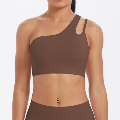 Solid Color One Shoulder Beauty Back Yoga Bra Nude Feel Push up Sports Bra Irregular Asymmetric Shoulder Strap Sports Vest for Women