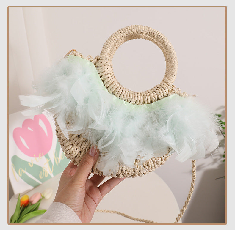 Fairy Feather Crossbody Straw Bag Cute Portable Semicircle Straw Bag Woven Bag Rattan Weave Bag Seaside Vacation Beach Bag