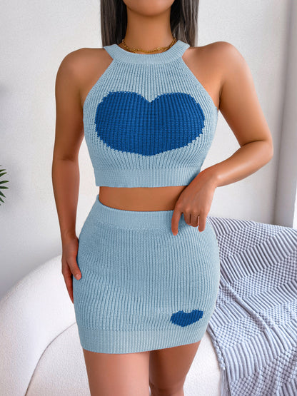 Spring Summer Casual Love Contrast Color Cropped Top Bag Hip Skirt Set Women Clothing