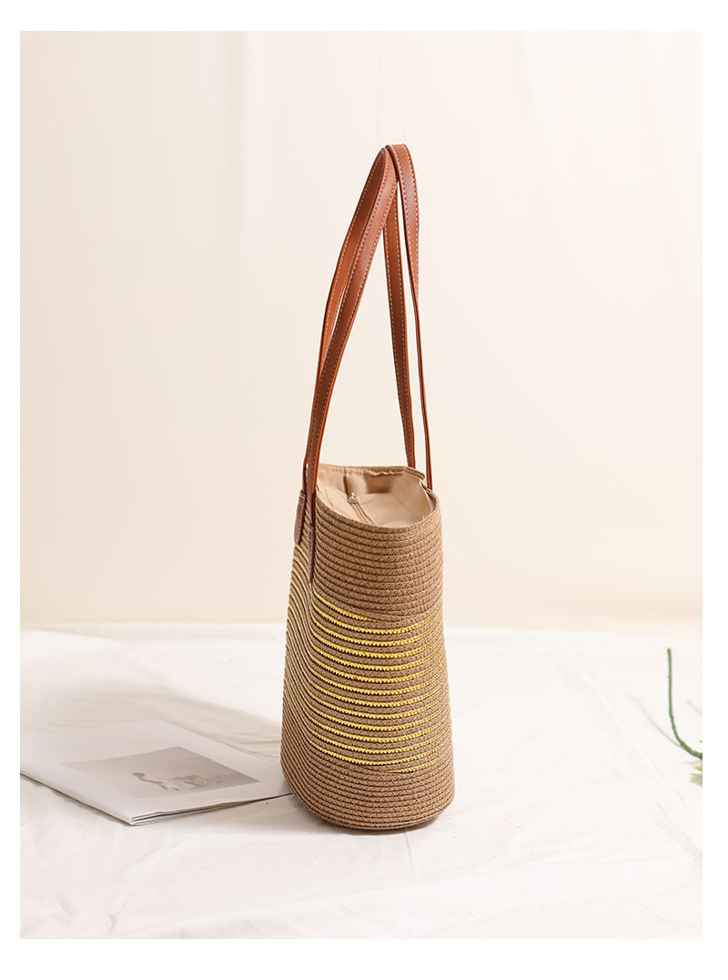Gold Silver Thread Striped Straw Bag One Shoulder Woven Bag Vacation Beach Bag Women Bag