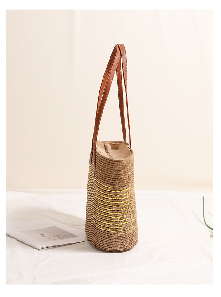 Gold Silver Thread Striped Straw Bag One Shoulder Woven Bag Vacation Beach Bag Women Bag - GLAMWEARS
