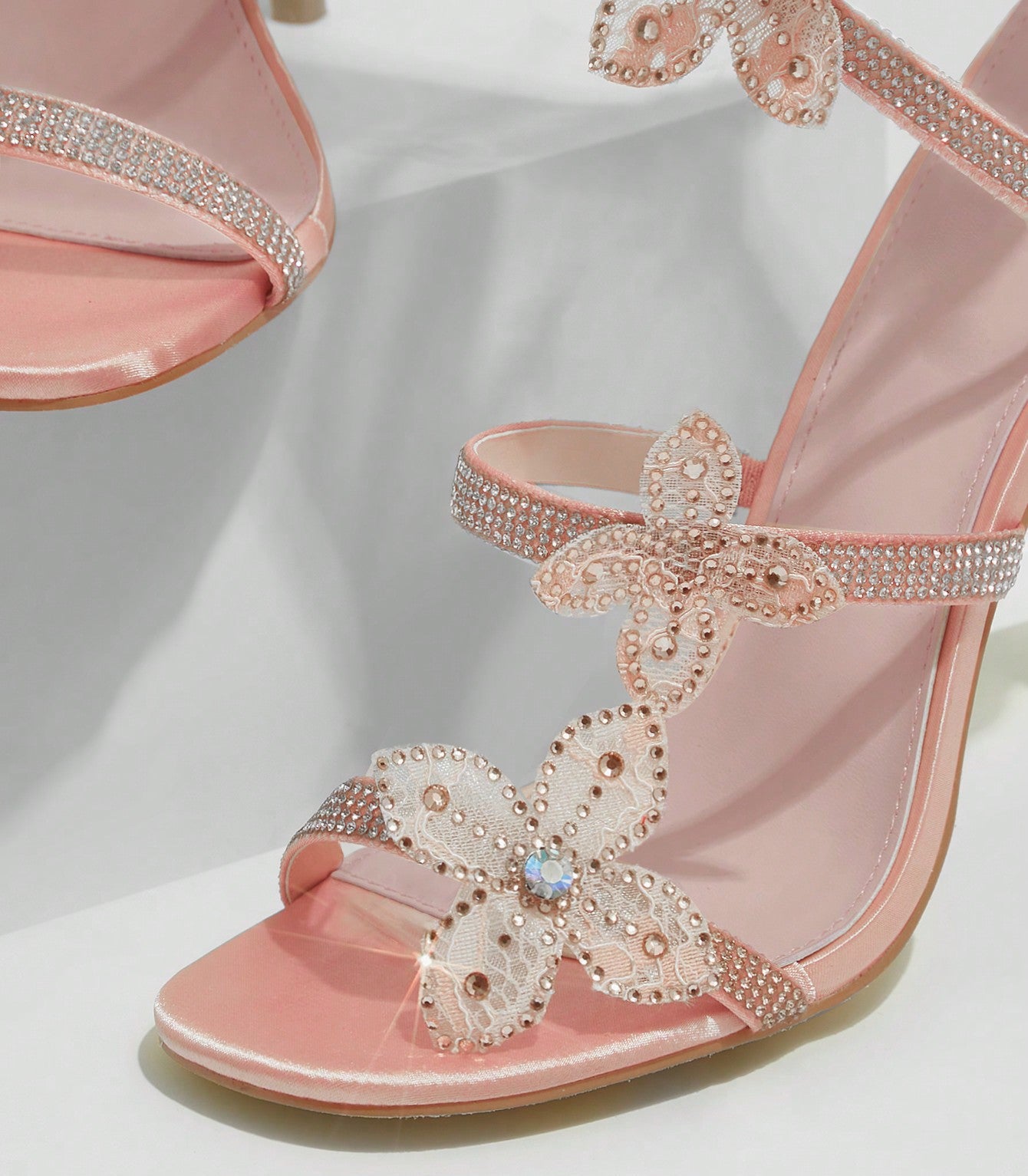 11cm Stiletto Heel White Pink Square Head Women Summer High Heel Sandals Women Rhinestone Floral Heels