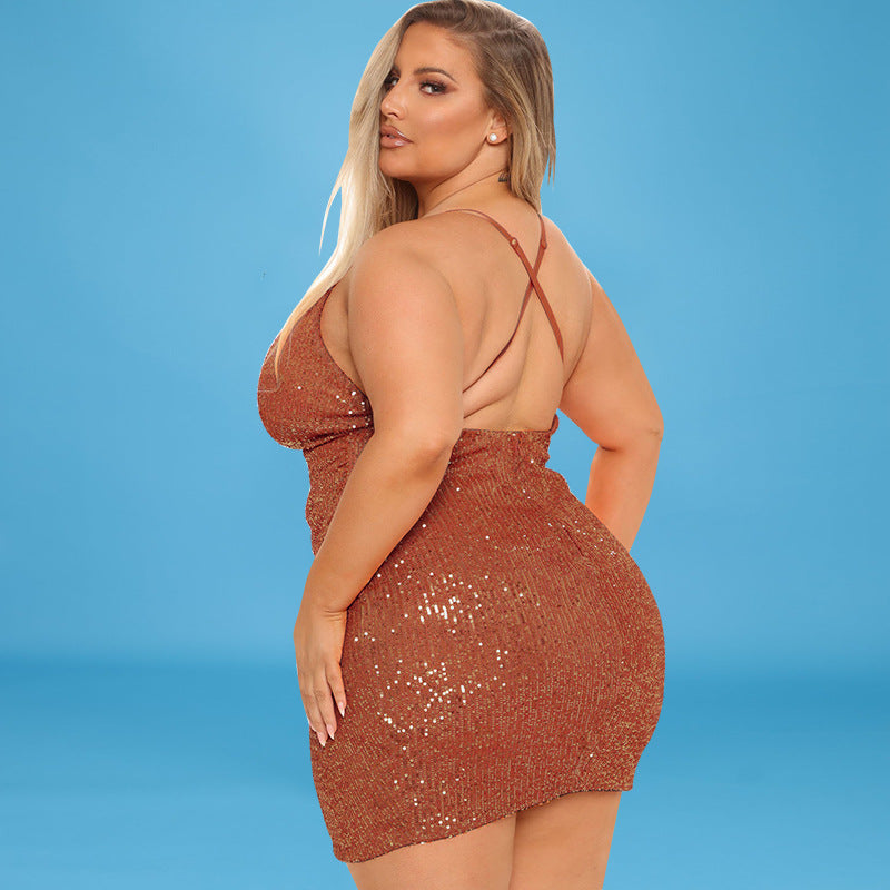 Plus Size Women Clothing Autumn Embroidery Beads Sexy Halter Dress