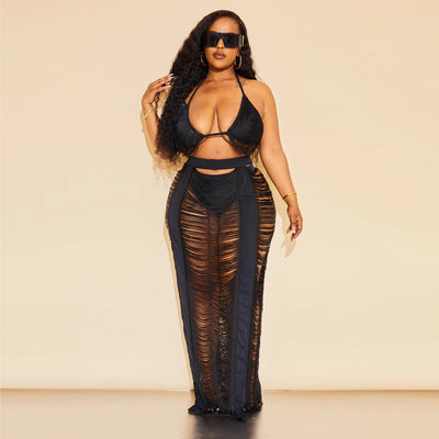 Sexy Women Clothing Hollowed-out plus Size Beachwear Women Skirt Set