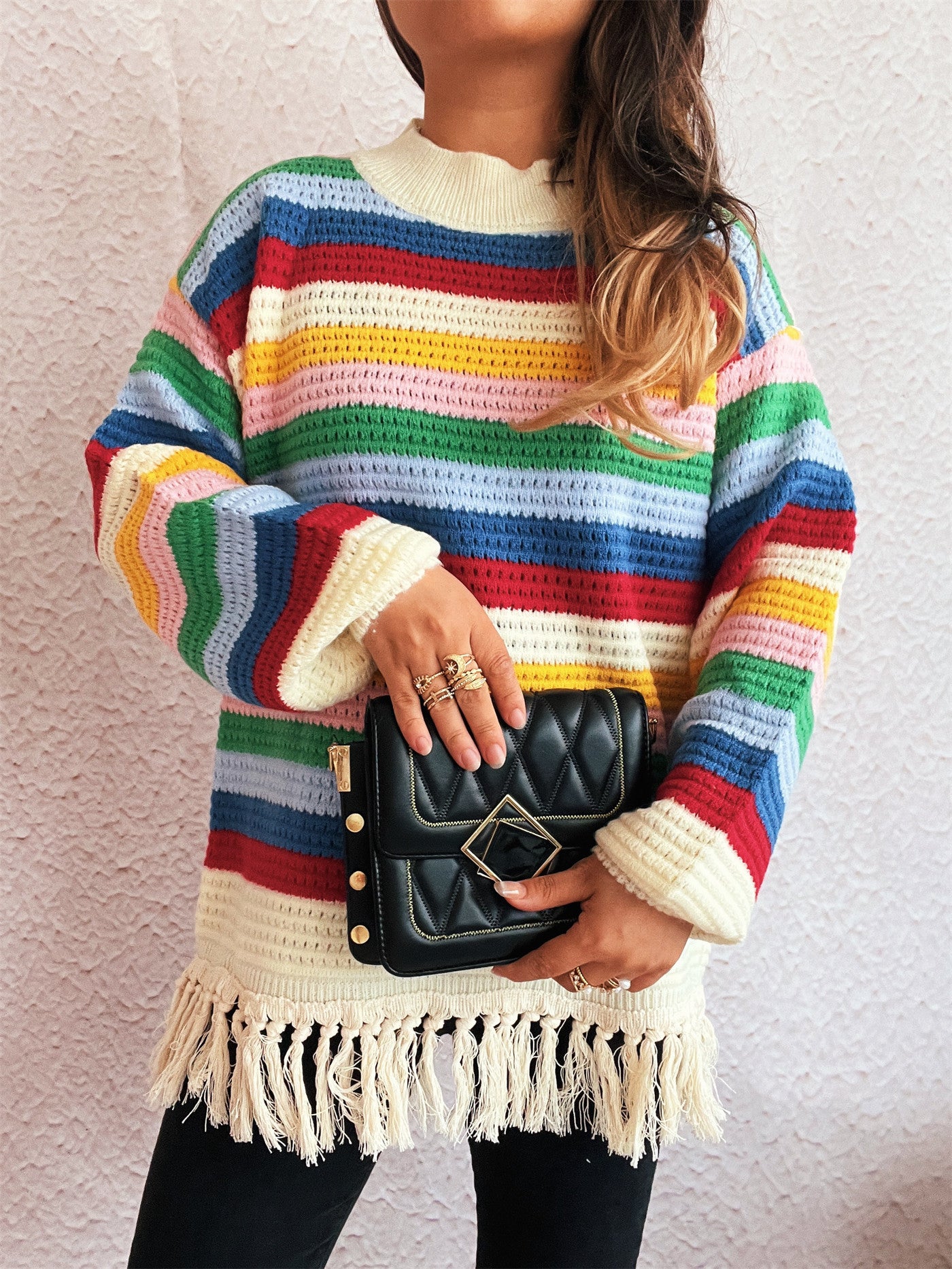 Round Neck Color Striped Knitwear Autumn Winter Retro Tassel Women Sweater