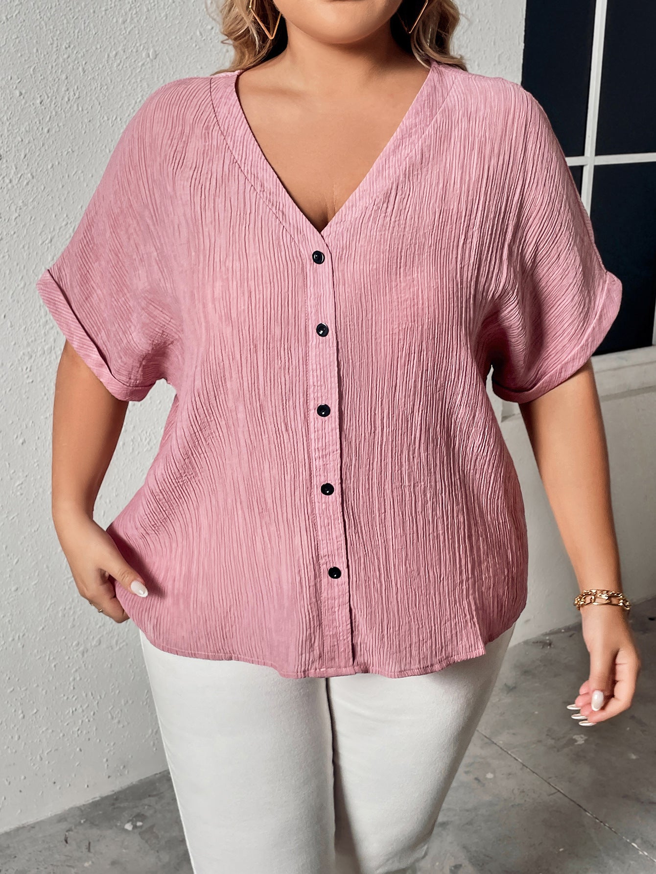Plus Size Summer Autumn Linen V neck Buttons Loose Slimming Short Sleeve Shirt Top Women