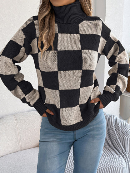 Autumn Winter Casual Turtleneck Color Contrast Check Lantern Long Sleeve Sweater Women Clothing