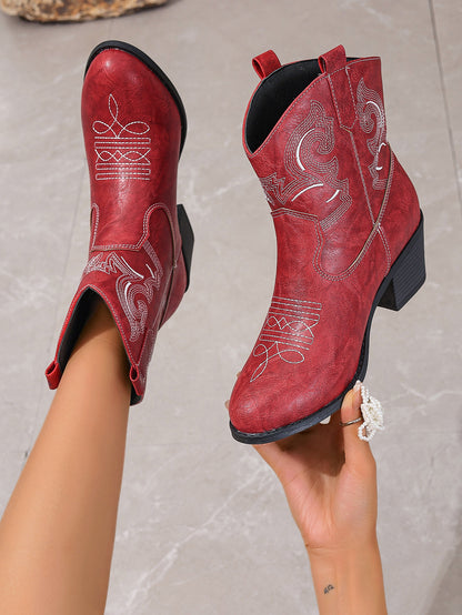 Pointed Embroidered Solid Color Chunky Heel Leather Boots Women Short Solid Color Slip on Knight Martin Boots