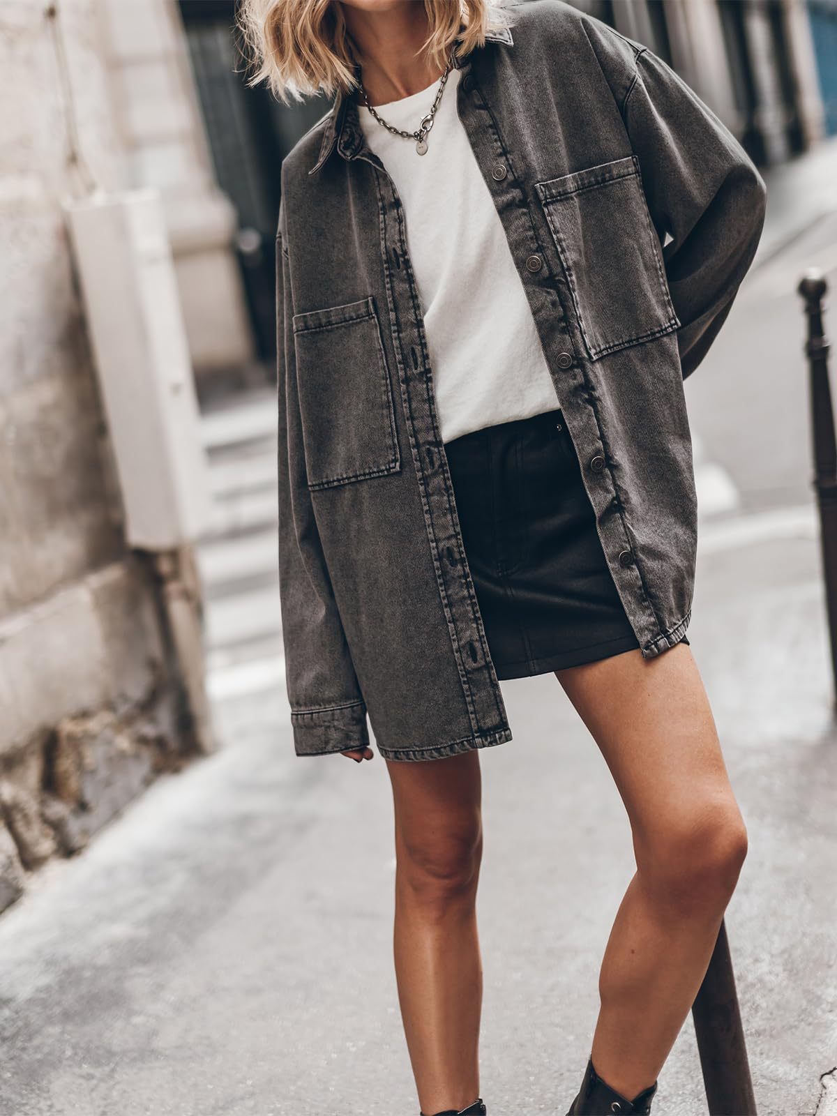 Retro Hong Kong Collared Denim Coat Women Blue Large Pocket Loose Casual Jacket