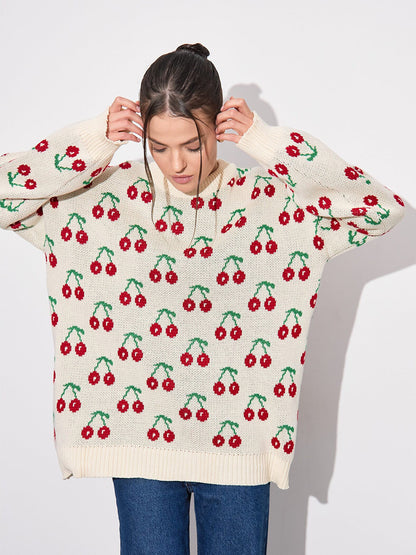 Cherry Printed Sweater Idle Loose Knitted Pullover Autumn Winter Sweet Cherry Sweater