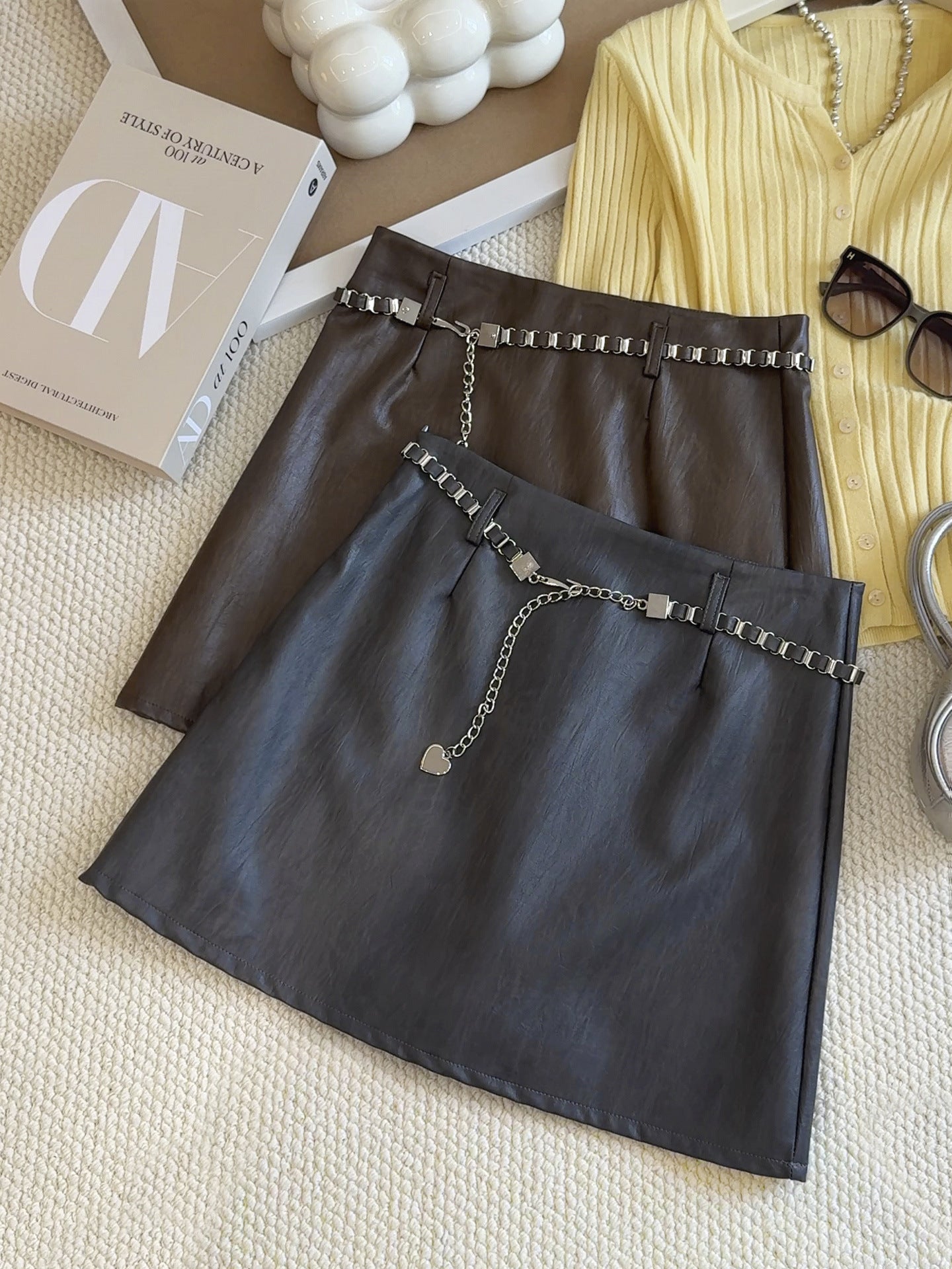 Brown Super Popular Faux Leather Skirt Skirt Women Spring Autumn A line Skirt Design Chain Anti Exposure Slim Fit Hip Skirt