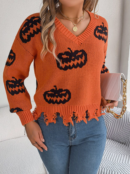 Autumn Winter Halloween Contrast Color Pumpkin Cut Rotten Long Sleeve Pullover Women Clothing