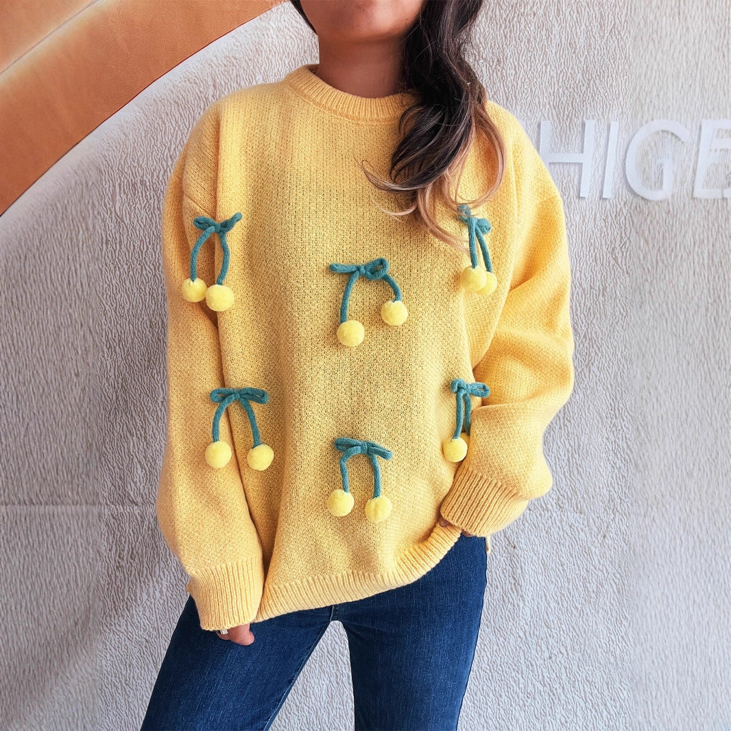 Autumn Winter Solid Color Knitted Pullover round Neck Stitching Three Dimensional Cherry Sweater