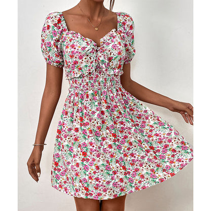 Summer Floral Waist Puff Sleeve Stitching Dress