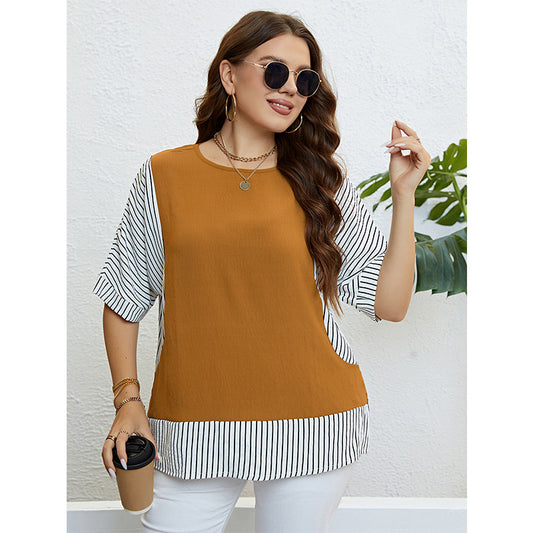 Summer round Neck Stitching Faux Two Piece Plus Size Women Top