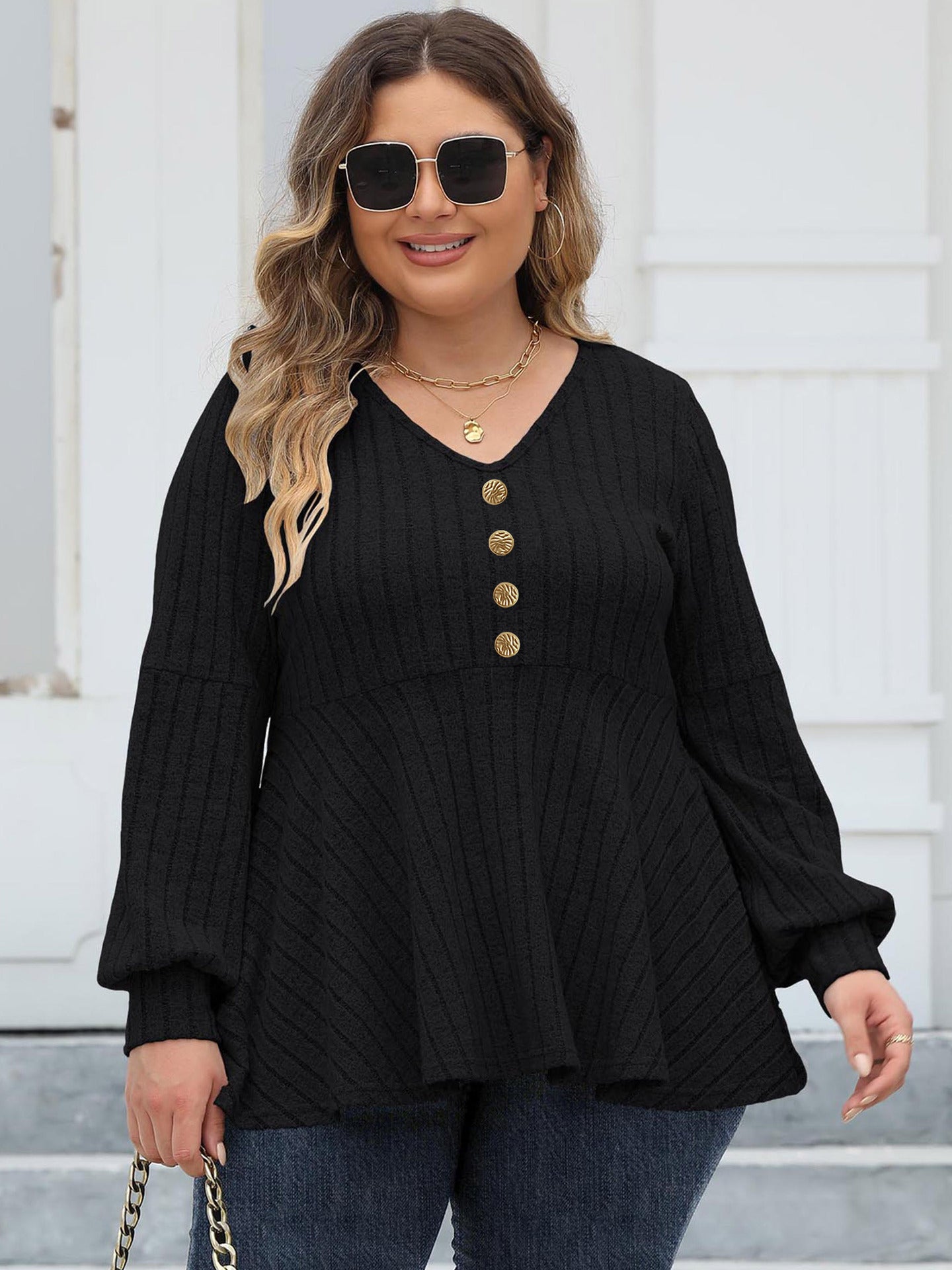 Women Tops plus Size Women Doll Shirt V neck Sunken Stripe Fleece Lantern Sleeve T shirt Gold Fastener Decoration Top