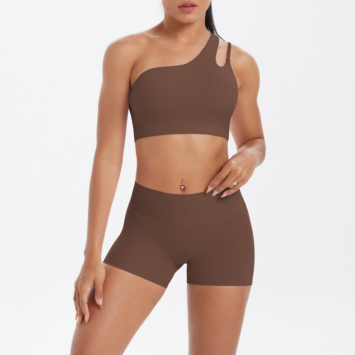 Oblique One Shoulder Beauty Back Yoga Bra Nude Feel Sports Bra Strap Running Workout Vest Shorts Set Women