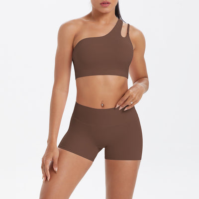 Oblique One Shoulder Beauty Back Yoga Bra Nude Feel Sports Bra Strap Running Workout Vest Shorts Set Women