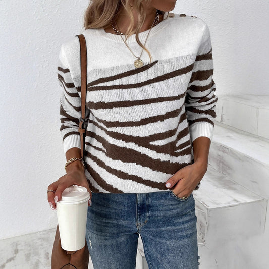 Autumn Winter Women Sweater Contrast Color Zebra Pattern round Neck Shoulder Button Long Sleeve Sweater Top