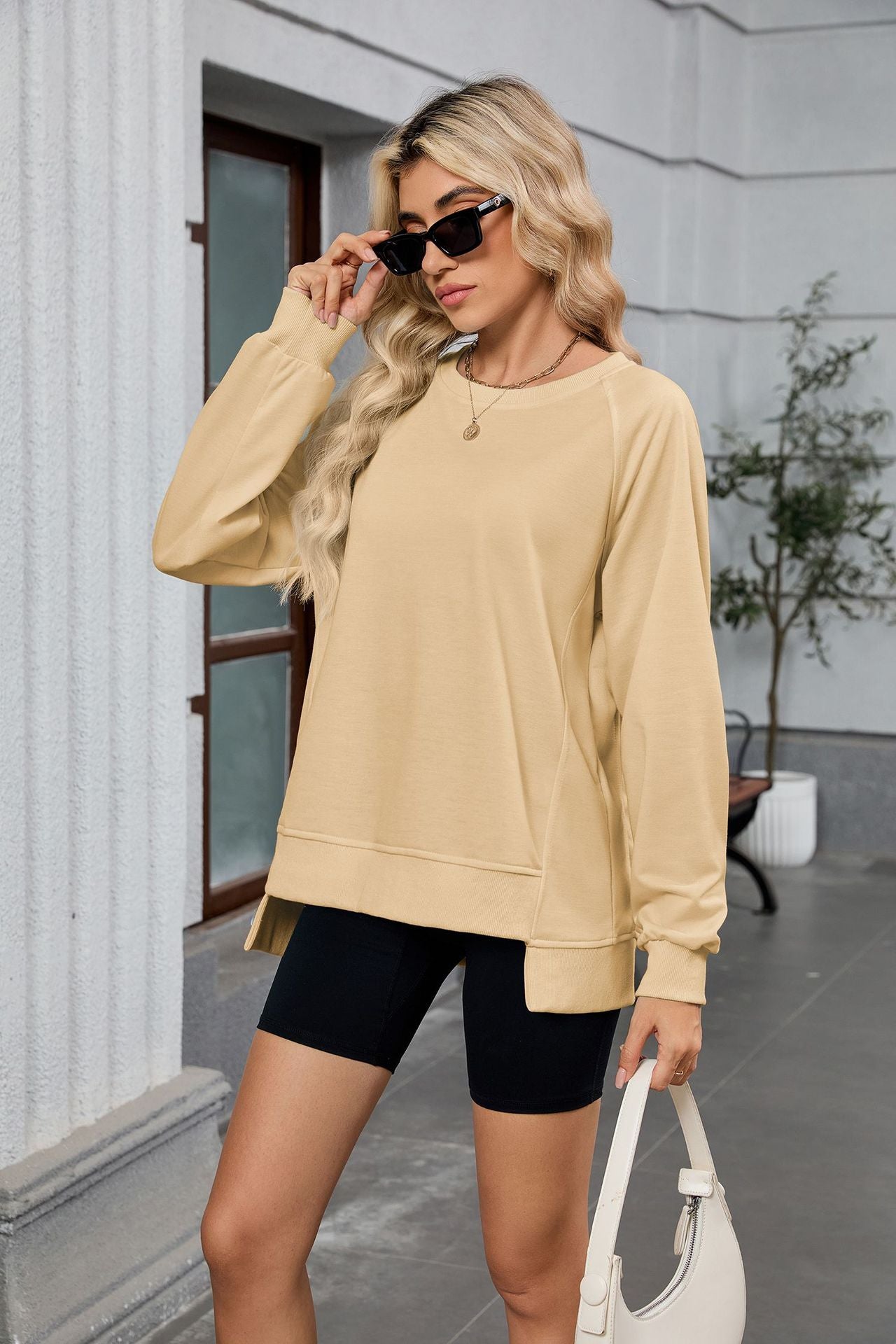 Autumn Winter Solid Color Thread round Neck Long Sleeve Loose Sweatshirt Women Top