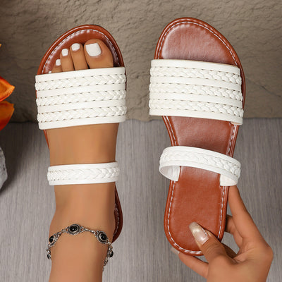 Knitted Belt Flat Slippers Women Outdoor Wear Stylish Lightweight Solid Color Beach Sandals