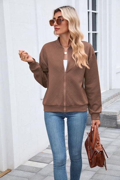 Autumn Winter Solid Color round Neck Loose Zip Long Sleeve Sweatshirt Varsity Jacket
