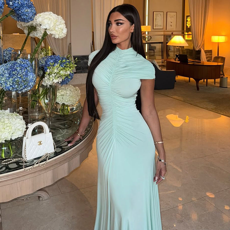 Elegant Fresh Women's Clothing Pleated Solid Color Draped Hip Slim Fit Turtleneck Short Sleeve Length Dress