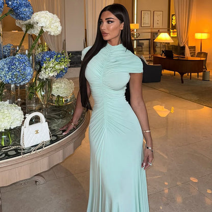 Elegant Fresh Women's Clothing Pleated Solid Color Draped Hip Slim Fit Turtleneck Short Sleeve Length Dress