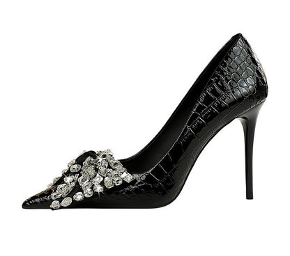 Korean Cocktail High Heels Stiletto Heel Shallow Mouth Pointed Toe Rhinestone Bow Pumps Women