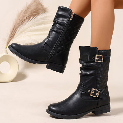 Western Denim Mid-Calf Boots for Women Chain Rivet Chunky Heel Knight Boots