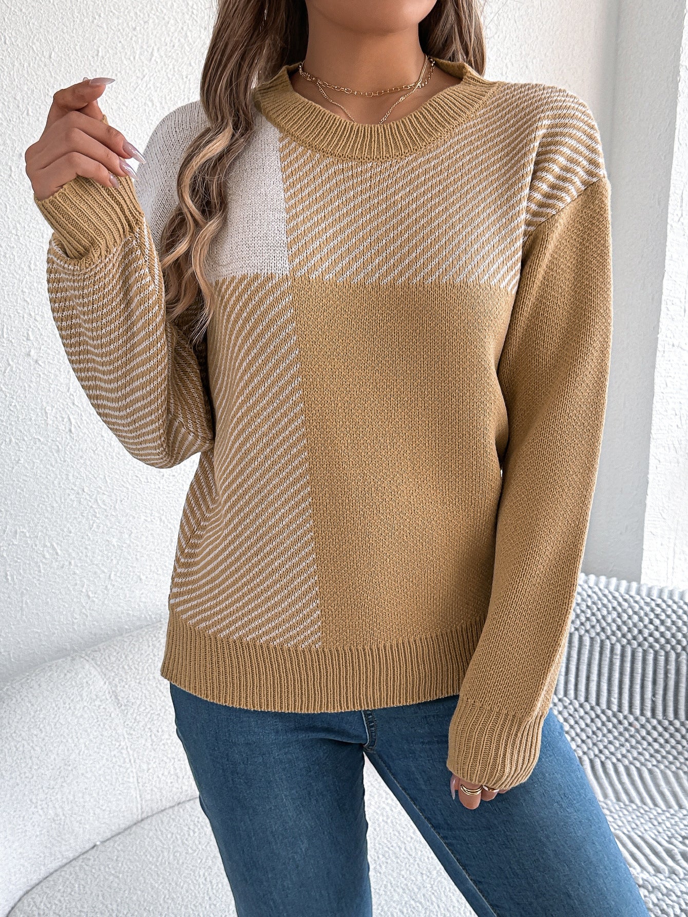 Autumn Winter Casual Color Contrast Check Long Sleeve Pullover Women Clothing
