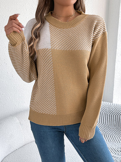 Autumn Winter Casual Color Contrast Check Long Sleeve Pullover Women Clothing