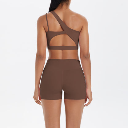 Oblique One Shoulder Beauty Back Yoga Bra Nude Feel Sports Bra Strap Running Workout Vest Shorts Set Women