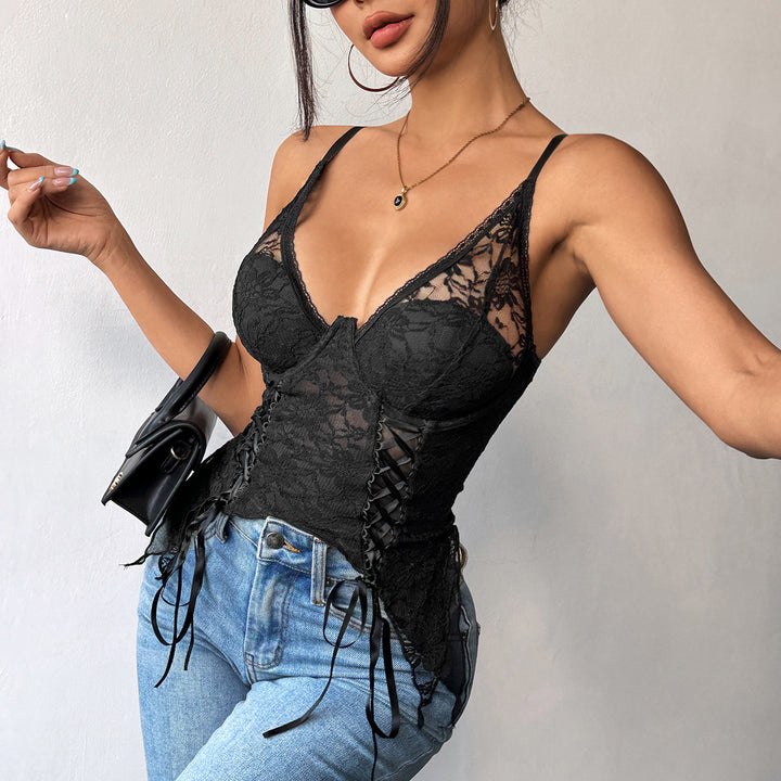 Summer Travel Breathable Sexy Double Layer Lace Special Shaped Strap Deep V Plunge neck Backless Slim Strap Women