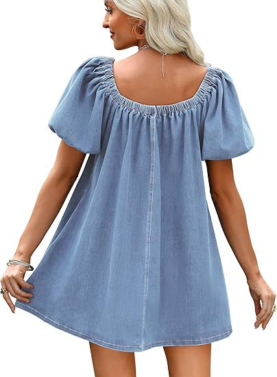 Women Summer Square Collar Puff Sleeve Lace up Elegant Short Denim Dress
