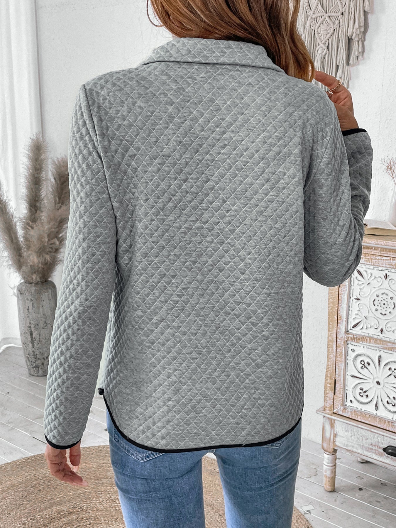 Casual Simple Sports Half Open Zipped Stand Collar Diamond Lattice Fabric Solid Color Hoodie Women