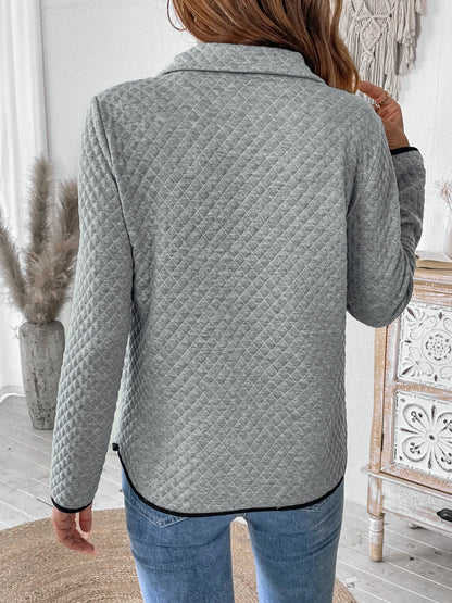 Casual Simple Sports Half Open Zipped Stand Collar Diamond Lattice Fabric Solid Color Hoodie Women