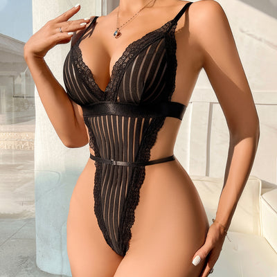 Pajamas Striped Sheer Mesh Joint Lace Sexy Jumpsuit