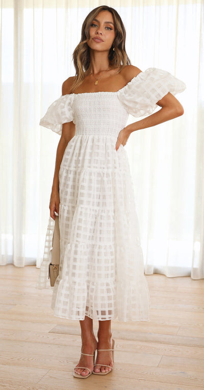 Women One Neck Lantern Sleeve Layer Stitching Dress