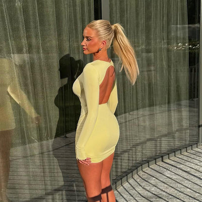 Backless Long Sleeves Twisted Hip Dress Women Autumn Sexy Solid Color Dress