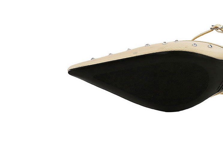 French Mesh Lace Pointed Toe Stiletto Toe Box Rhinestone Slippers Outer Wear Hollow Out Cutout Sexy Strap Half Slippers